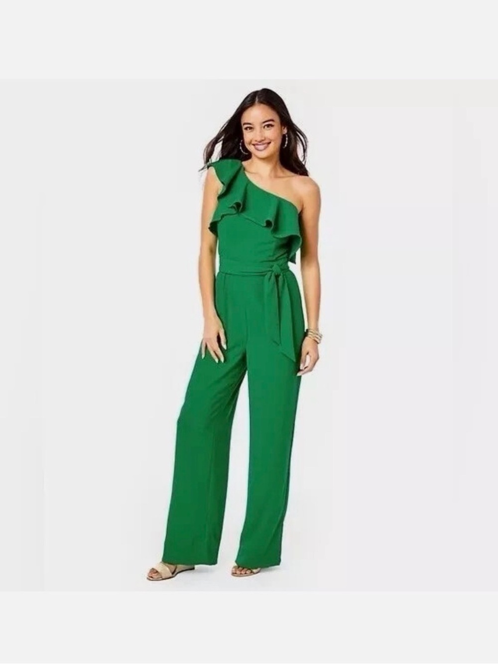 Lilly Pulitzer Emerald One-Shoulder Ruffle Jumpsuit
